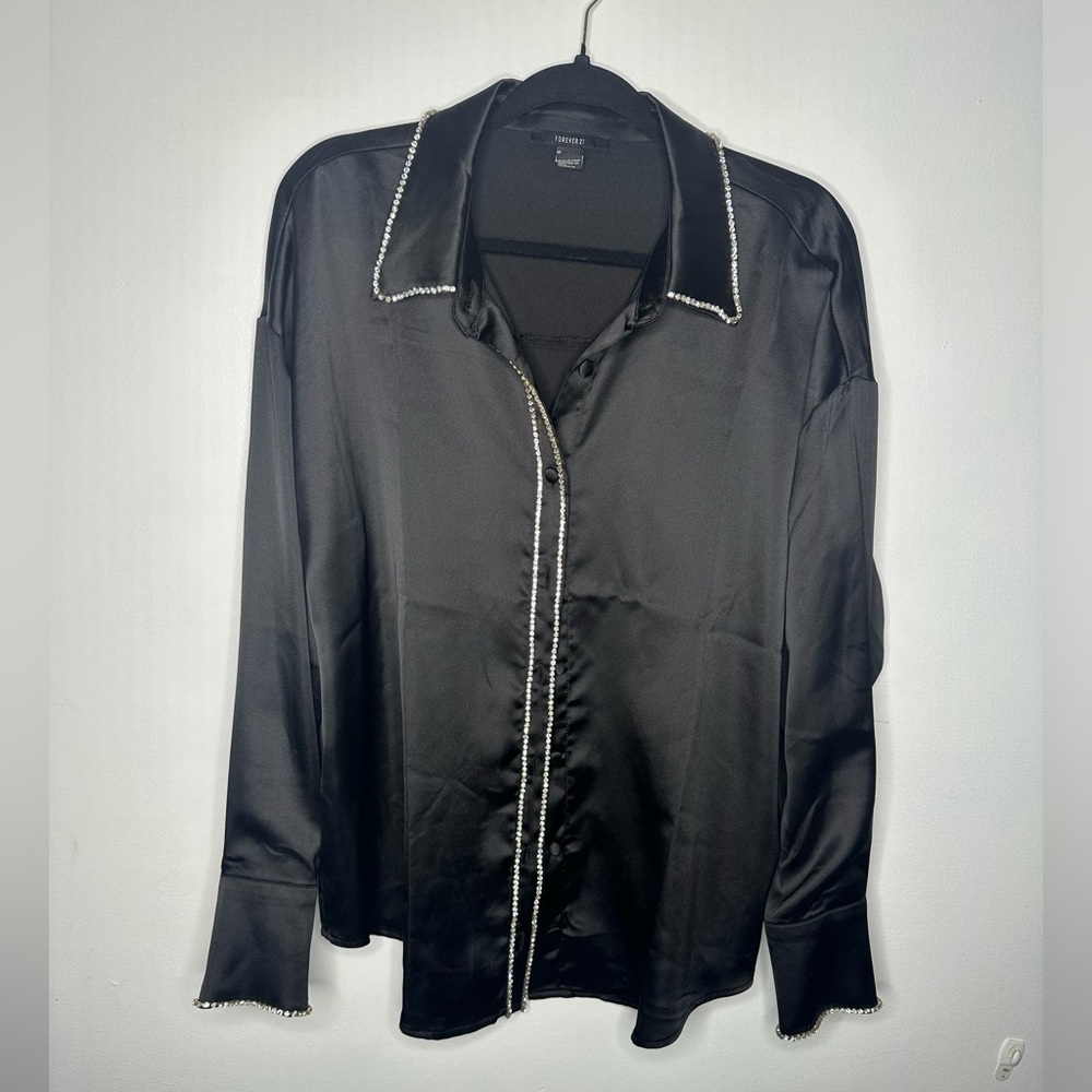 Black satin rhinestone button down blouse